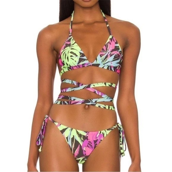 Beach Riot Palms Bikini Set Neon Print Wrap Winnie Top - Picture 1 of 6